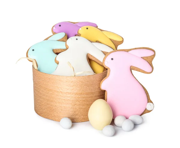 Wooden Box Delicious Easter Cookies Shape Bunny Candies White Background — Stock Photo, Image