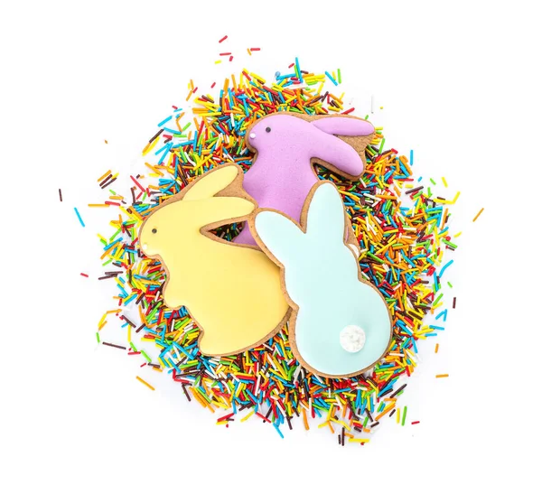 Delicious Easter Cookies Shape Bunny Sprinkles White Background — Stock Photo, Image