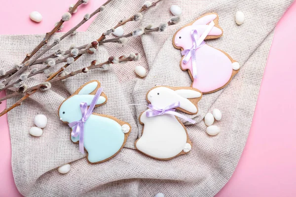 Delicious Easter Cookies Shape Bunny Candies Pussy Willow Branches Pink — Stock Photo, Image