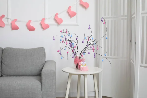 Tree Branches Decorated Easter Eggs Vase Table Light Wall — Stock Photo, Image