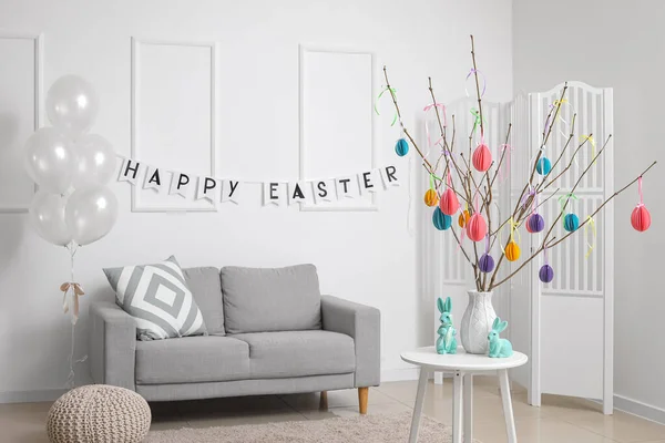 Interior Living Room Stylish Decor Garland Text Happy Easter — Stock Photo, Image