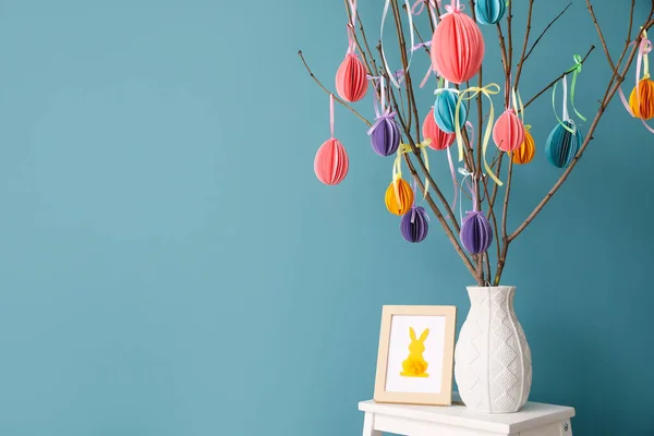 Photo Frame Vase Tree Branches Decorated Easter Celebration Stepladder Stool — Stock Photo, Image