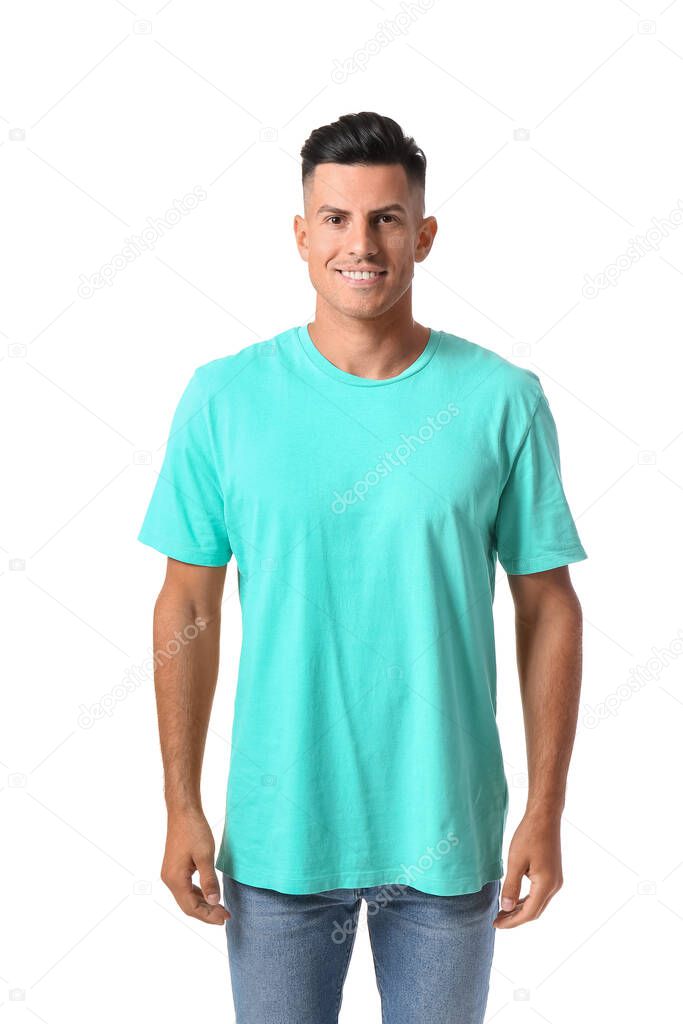 Handsome young man in stylish t-shirt isolated on white