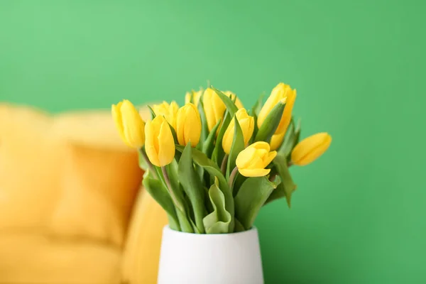 Bouquet Beautiful Tulips Vase Closeup — Stock Photo, Image