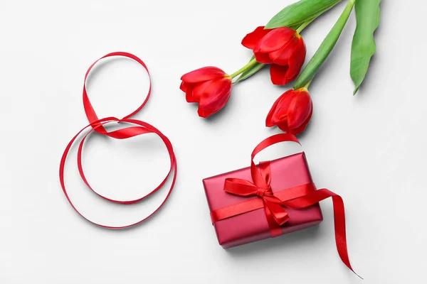 Figure Made Ribbon Gift Box Flowers International Women Day Celebration — Stock Photo, Image