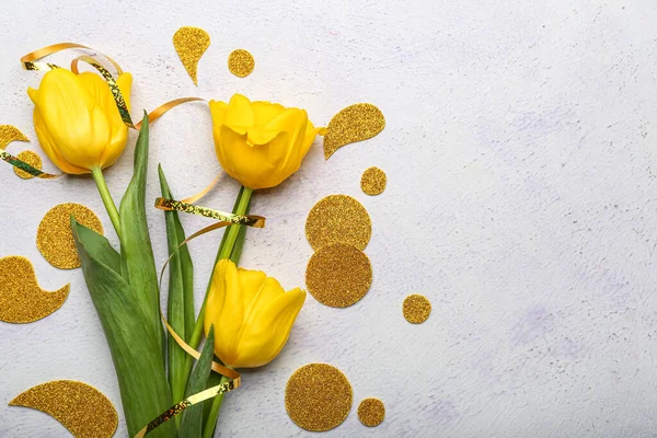 Composition Yellow Tulip Flowers Light Background Closeup International Women Day — Stock Photo, Image