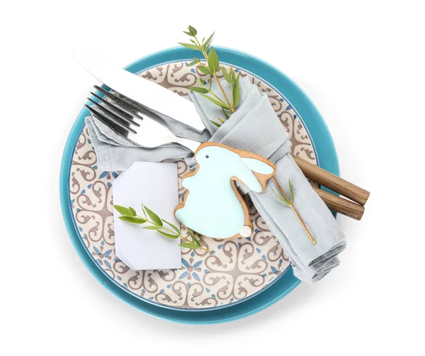 Stylish Table Setting Easter Cookie White Background — Stock Photo, Image
