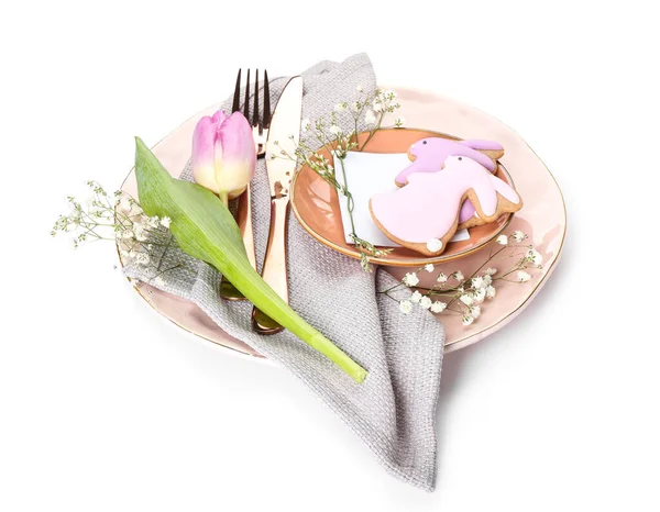 Stylish Table Setting Easter Cookies White Background — Stock Photo, Image