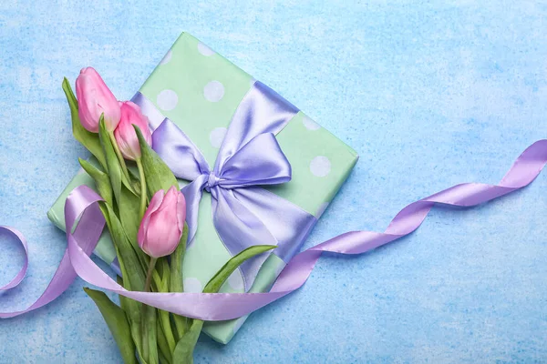 Composition Ribbon Flowers Gift Box International Women Day Celebration Blue — Stock Photo, Image
