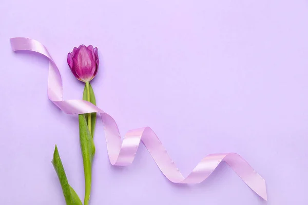 Composition Ribbon Flower International Women Day Celebration Purple Background — Stock Photo, Image