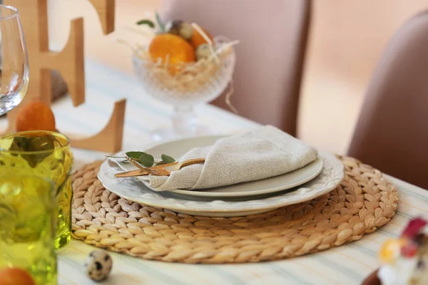 Closeup View Plates Napkin Cutlery Eucalyptus Branch Table Served Easter — Stock Photo, Image