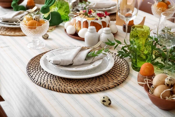 Plates Cutlery Decorated Eucalyptus Branch Dining Table Served Easter Celebration — Stock Photo, Image