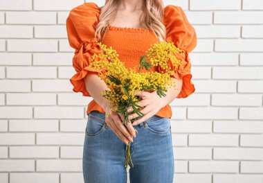 Hafif tuğlalı arka planda güzel mimoza dalları tutan kadın.