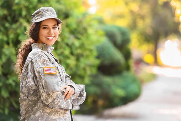 Portrait African American Female Soldier Outdoors — Stock Photo, Image