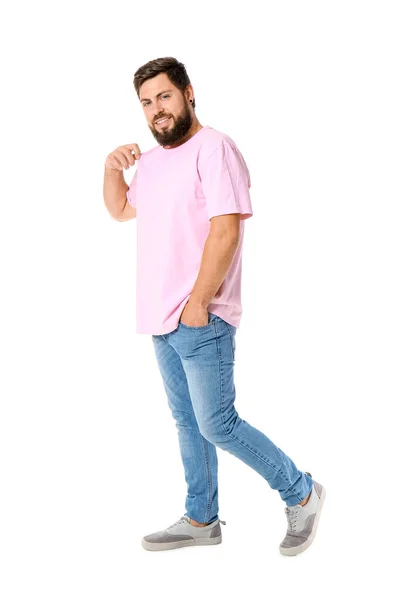 Bonito Homem Camiseta Rosa Fundo Branco — Fotografia de Stock