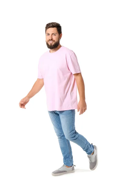 Όμορφος Άντρας Ροζ Shirt Λευκό Φόντο — Φωτογραφία Αρχείου