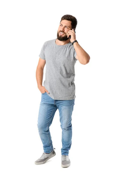 Snygg Man Grå Shirt Talar Med Mobiltelefon Vit Bakgrund — Stockfoto