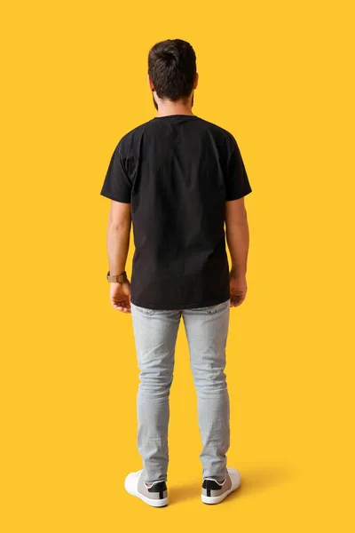 Handsome Man Black Shirt Yellow Background — Stock Photo, Image