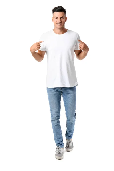 Schöner Junger Mann Stylischen Shirt Auf Weißem Grund — Stockfoto