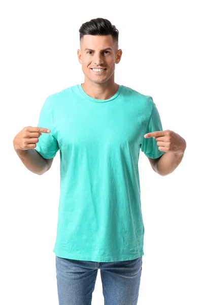 Schöner Junger Mann Stylischen Shirt Auf Weißem Grund — Stockfoto