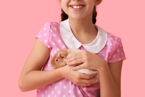 Little Girl Cute Guinea Pig Pink Background — Stock Photo, Image