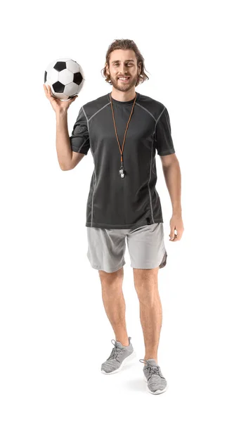 Sporty Male Coach Soccer Ball White Background — Stock Photo, Image