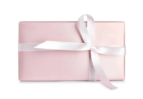 Κουτί Δώρου Κορδέλα Και Φιόγκο Λευκό Φόντο — Φωτογραφία Αρχείου