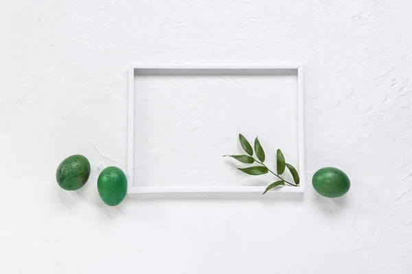 Composition Photo Frame Easter Eggs Plant Branch Light Background — Stock Photo, Image