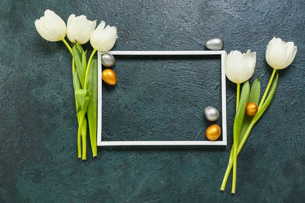 Composition Photo Frame Easter Eggs Tulips Dark Background — Stock Photo, Image
