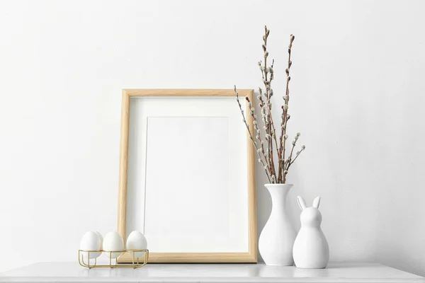 Blank Photo Frame Holder Easter Eggs Pussy Willow Branches Table — 스톡 사진