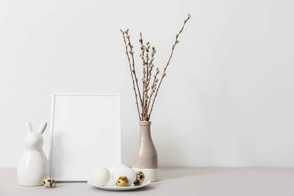 Blank Photo Frame Plate Easter Eggs Rabbit Pussy Willow Branches — Stockfoto