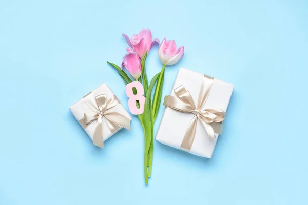 Composition Gift Boxes Tulip Flowers Color Background International Women Day — Stock Photo, Image