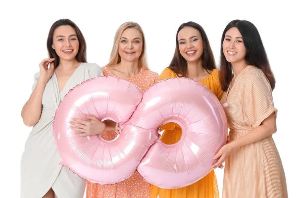 Schöne Frauen Mit Luftballon Form Von Figur Auf Weißem Hintergrund — Stockfoto