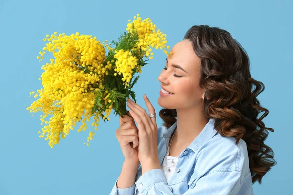 Beautiful Young Woman Bouquet Mimosa Flowers Blue Background — Stock Photo, Image