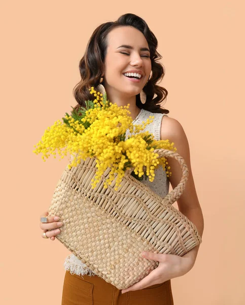 Beautiful Young Woman Mimosa Flowers Bag Color Background — Stock Photo, Image