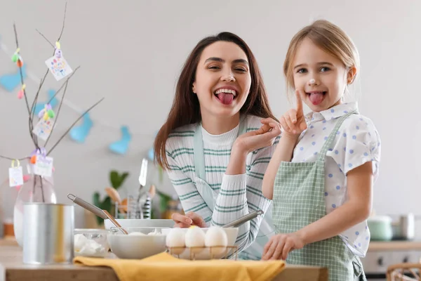 Little Girl Her Mother Having Fun While Cooking Kitchen Easter — Stock Photo, Image