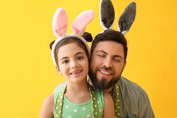 Little Girl Her Father Bunny Ears Yellow Background Easter Holiday — Stock Photo, Image