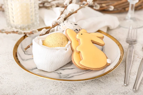 Easter Table Setting Cookies Shape Bunny Light Background — Stock Photo, Image