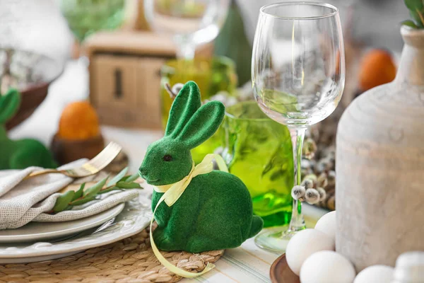 Cute Rabbit Dining Table Served Easter Celebration Closeup — Stock Photo, Image
