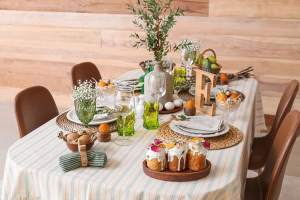 Stylish Easter Table Setting Wooden Wall Room — Stock Photo, Image