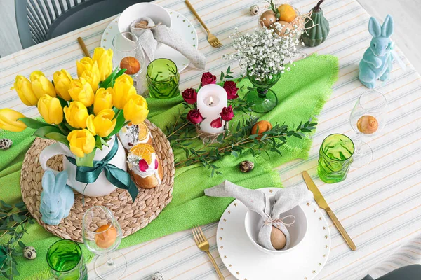 Beautiful Floral Decor Burning Candle Table Served Easter Celebration — Stock Photo, Image