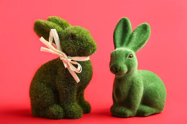 Cute Easter Bunnies Red Background — Stock Photo, Image