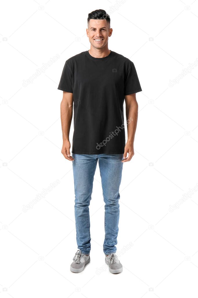 Handsome young man in stylish t-shirt isolated on white