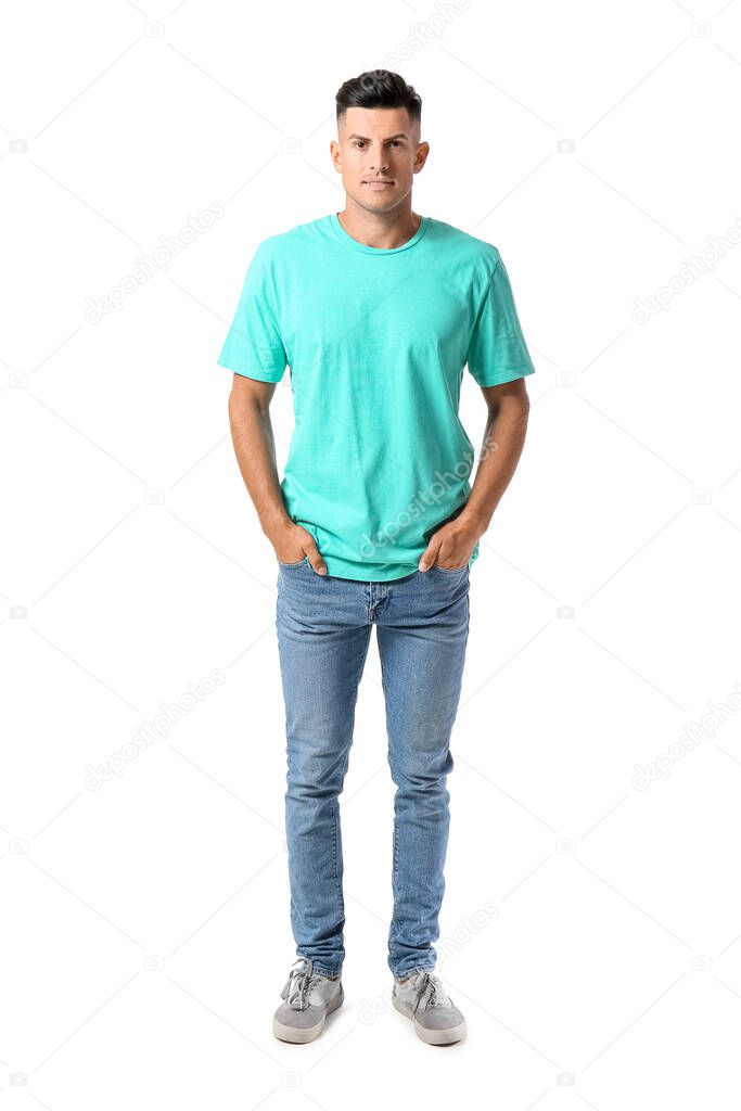 Handsome young man in stylish t-shirt isolated on white