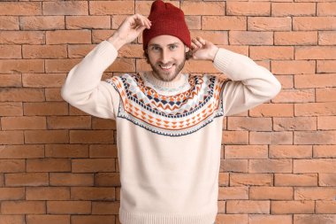 Tuğla arka planda örülü süveter giyen yakışıklı bir genç.