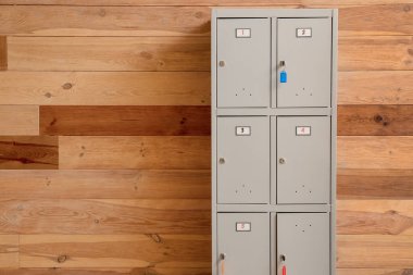 Ahşap duvarın yanındaki modern dolap.