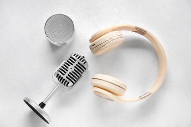 Kablosuz taşınabilir hoparlör, kulaklık ve mikrofon.