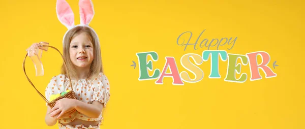 Greeting Card Cute Girl Holding Easter Basket Yellow Background — Stock Photo, Image