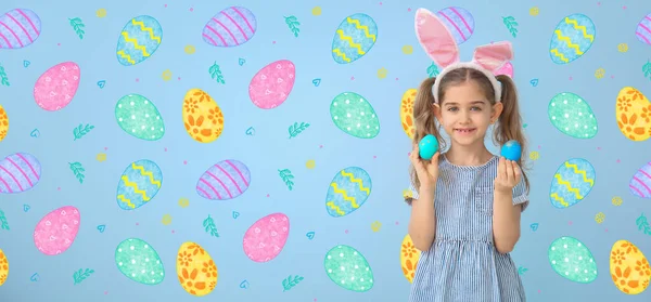 Funny Little Girl Easter Eggs Bunny Ears Color Background — Stock Photo, Image