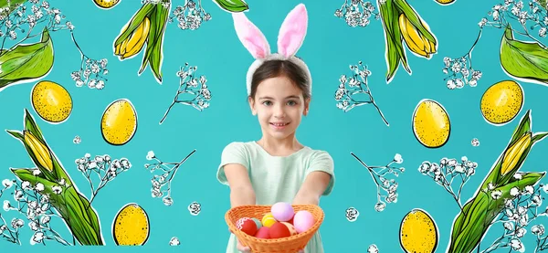 Cute Little Girl Bunny Ears Holding Basket Easter Eggs Blue — Stock Photo, Image